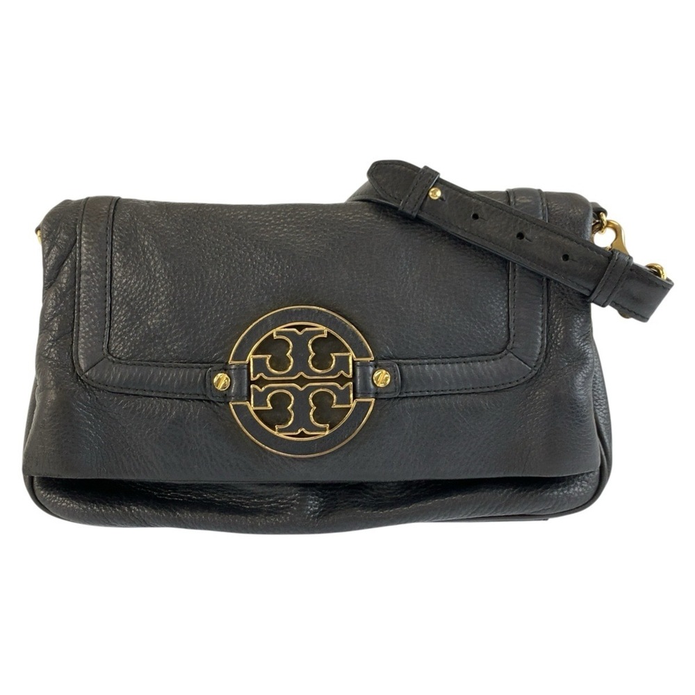 Tory Burch Amanda Foldover Black Leather Shoulder Bag/Clutch Bag with Gold Ha...